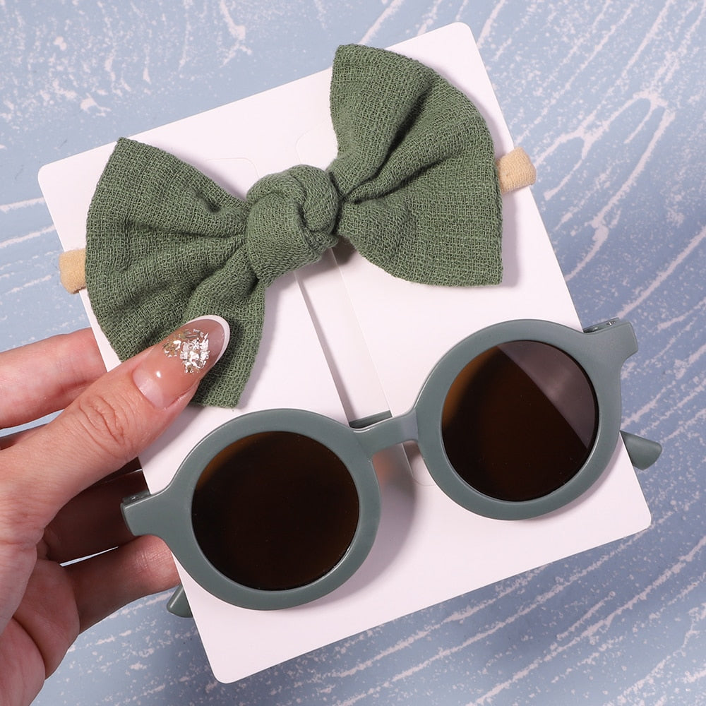 Vintage Kids Summer Bows Headband Round Sunglasses