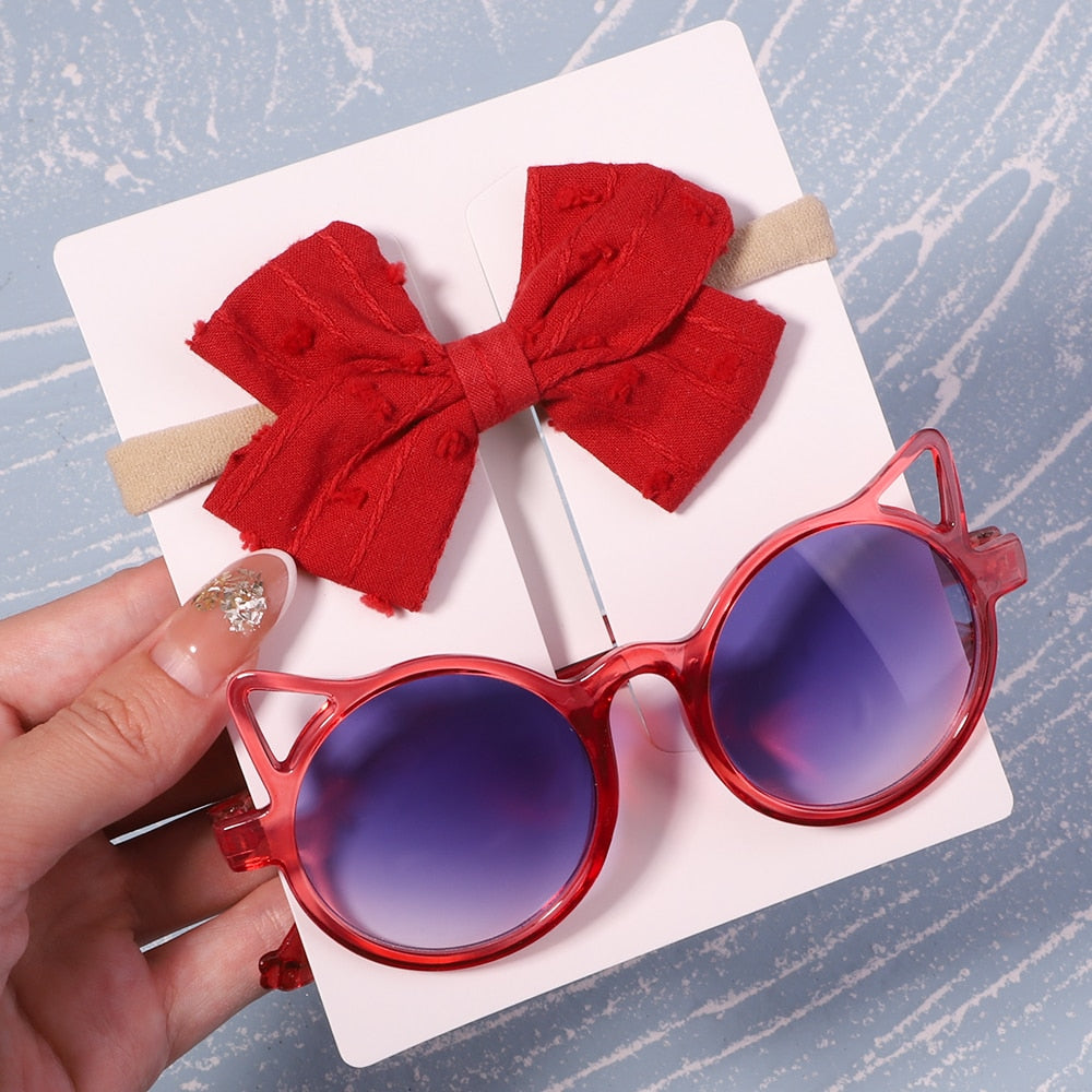 Vintage Kids Summer Bows Headband Round Sunglasses