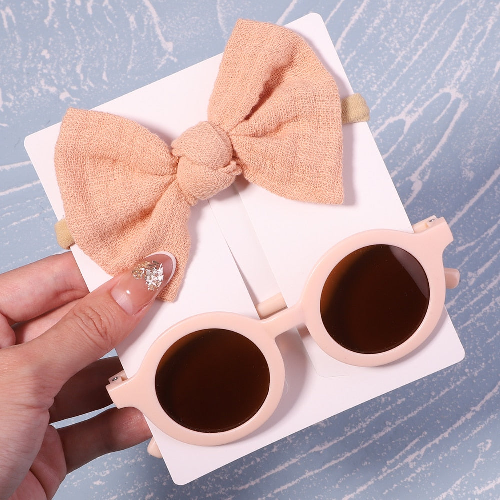 Vintage Kids Summer Bows Headband Round Sunglasses