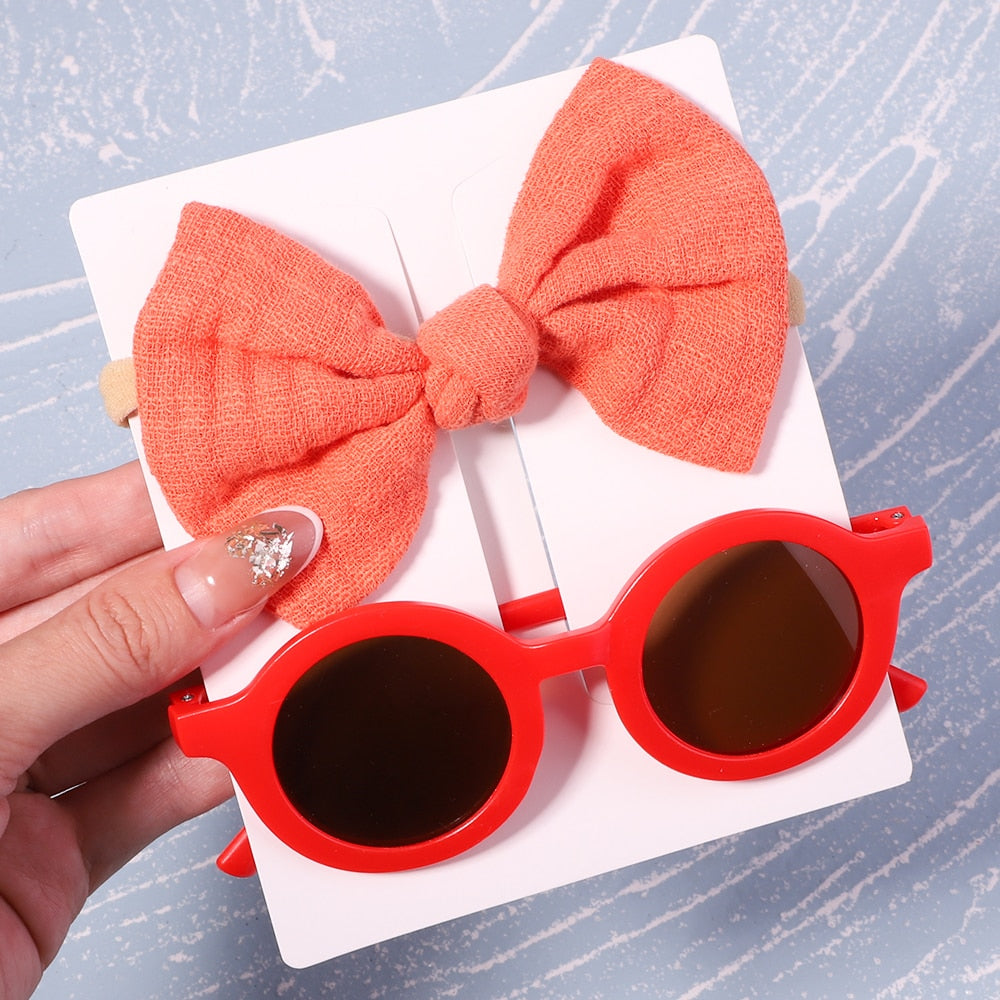 Vintage Kids Summer Bows Headband Round Sunglasses