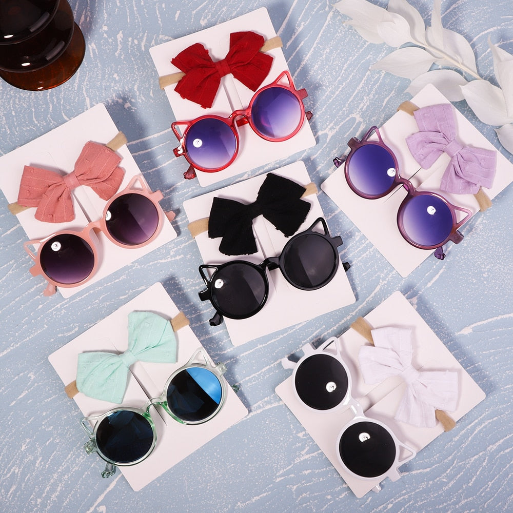 Vintage Kids Summer Bows Headband Round Sunglasses