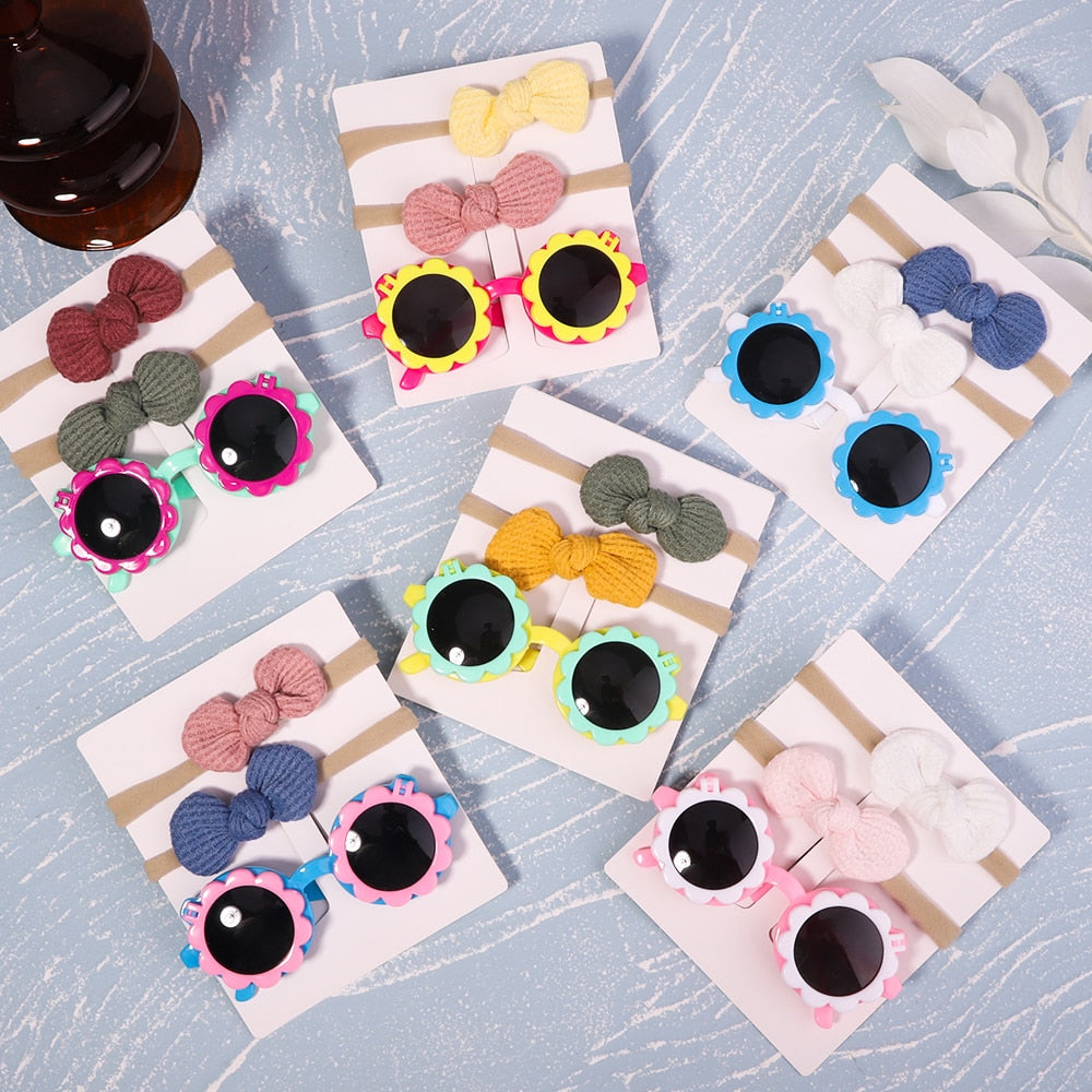 Vintage Kids Summer Bows Headband Round Sunglasses