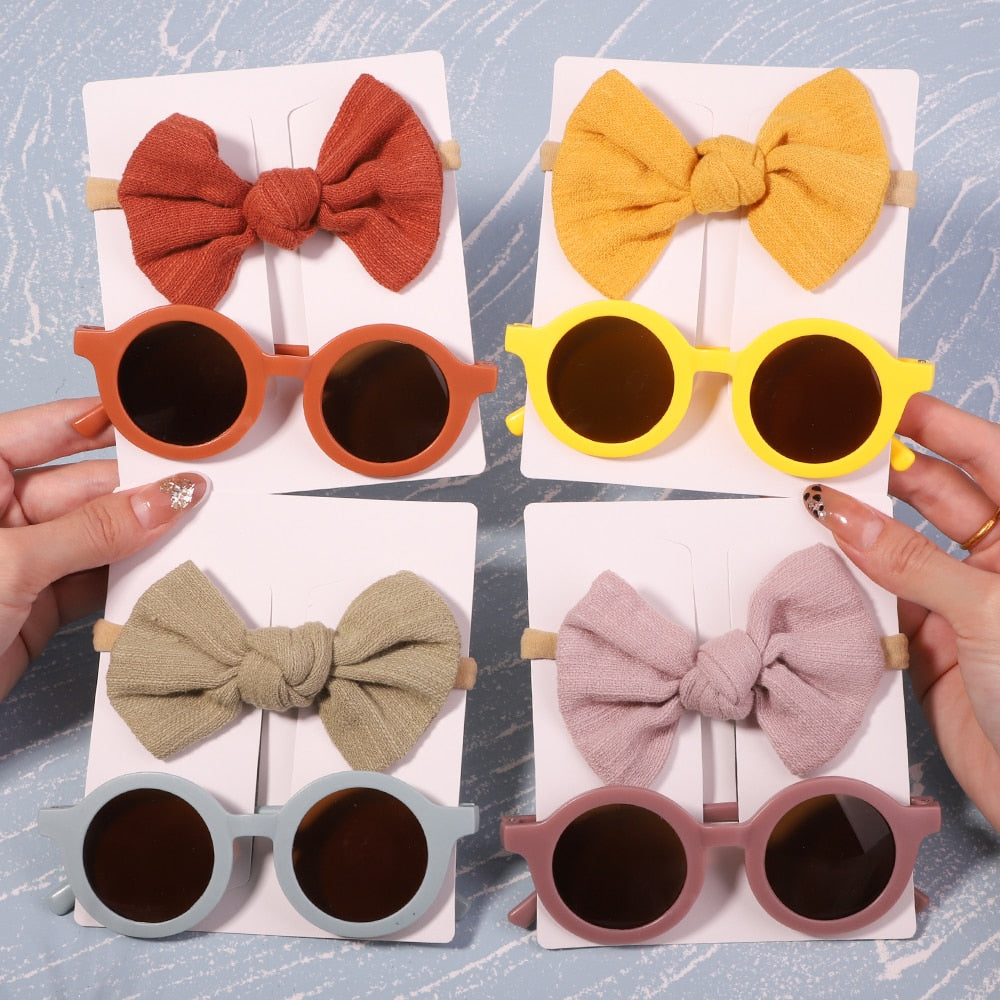 Vintage Kids Summer Bows Headband Round Sunglasses