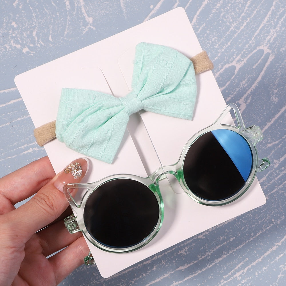 Vintage Kids Summer Bows Headband Round Sunglasses