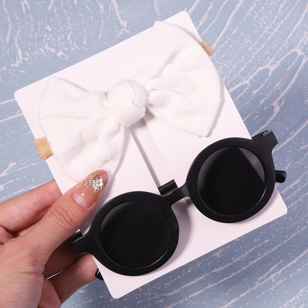 Vintage Kids Summer Bows Headband Round Sunglasses