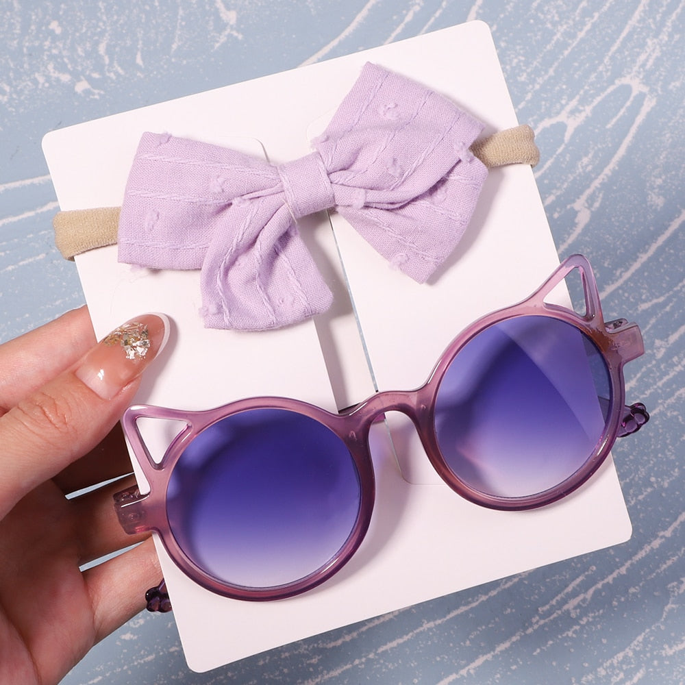 Vintage Kids Summer Bows Headband Round Sunglasses